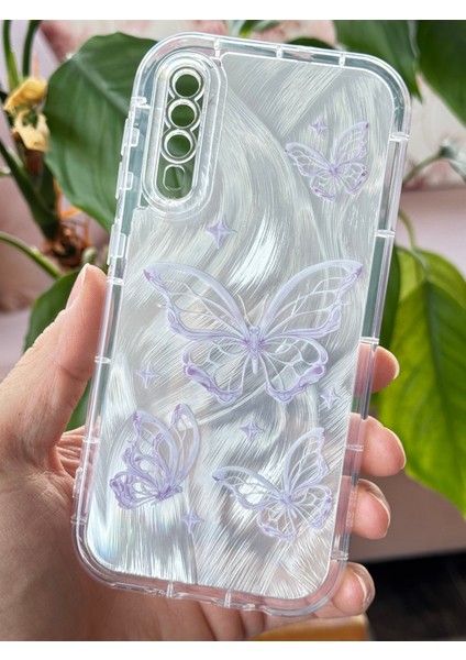 Samsung Galaxy A30S - A50 Kılıf Parlak Hologramlı Kelebek Desenli Darbe Emici Kamera Korumalı Renkli Silikon