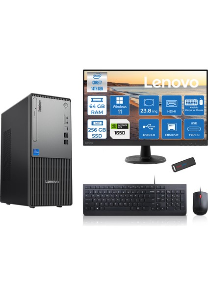 Thinkcentre Neo 50T Gen5 Intel Core I7 14700 64GB Ddr5 256GB SSD 23.8 Inç Monitör Windows 11 Pro Nvidia GTX1650 4gb Masaüstü Bilgisayar 16502412UAS0GL00P21 + Zetta Flash Bellek
