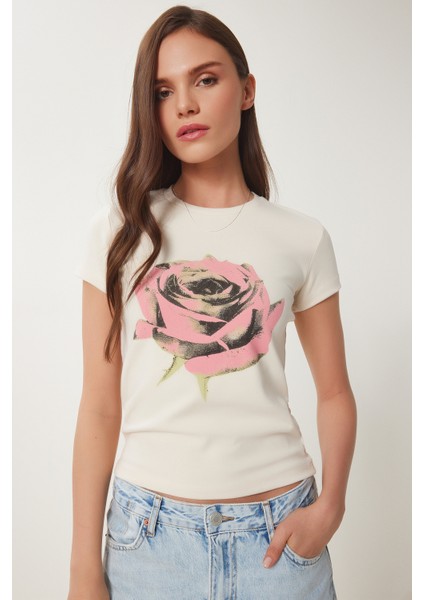 Çiçek Baskılı Örme T-Shirt