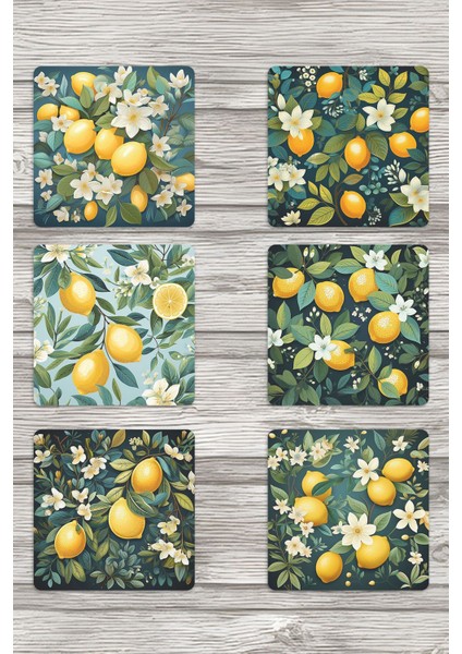 Limon Desenli No:3 Baskılı 6'lı Set Dekoratif Ahşap Kare Bardak Altlığı
