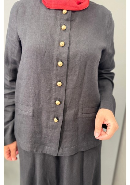 Düz Renk Keten Kısa Ceket Siyah T25Y-8048 fırsatları