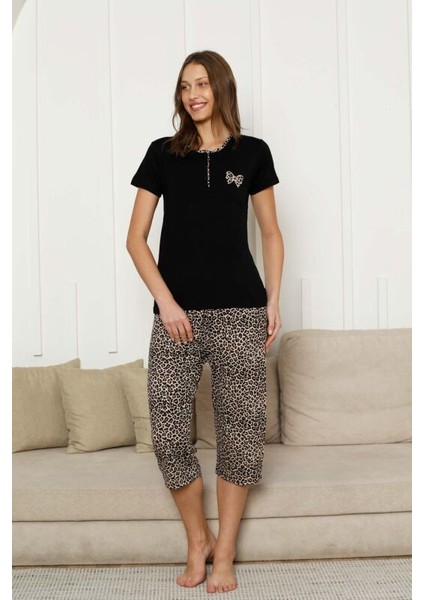 Kadın Leopar Baskı Kısa Kol Bermuda Pijama Takımı fiyatları