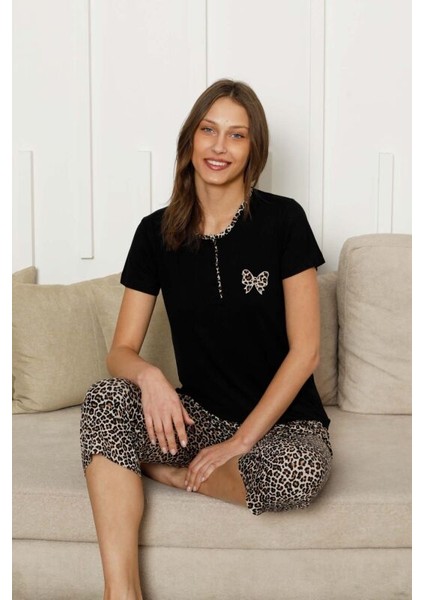 Kadın Leopar Baskı Kısa Kol Bermuda Pijama Takımı modelleri