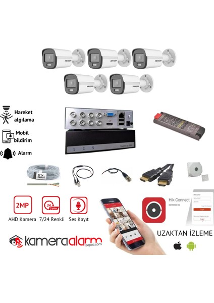 5 Kameralı Mikrofonlu 7/24 Renkli Güvenlik Kamerası Seti - Uzaktan Izleme - 1tb E-Ssd