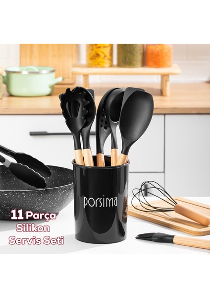 3165 Metal Standlı Bambu Silikon 11 Parça Servis Takımı Seti Siyah