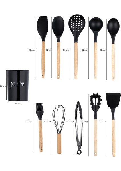 3165 Metal Standlı Bambu Silikon 11 Parça Servis Takımı Seti Siyah
