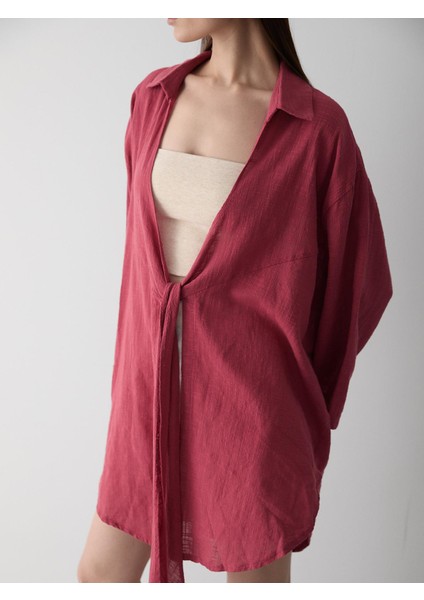 Bordo Flam Keten Kimono Gömlek