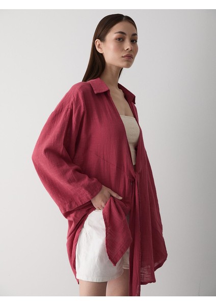 Bordo Flam Keten Kimono Gömlek