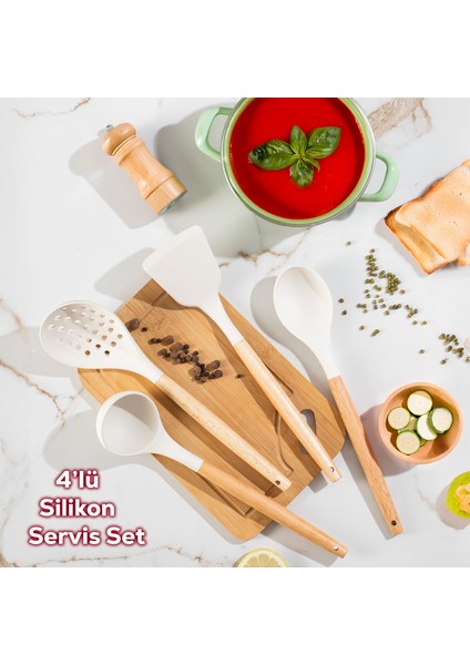 3166 Bambu Silikon 4 Parça Servis Takımı Seti Beyaz