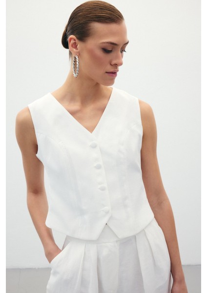 Keten Yelek - Ekru indirimleri