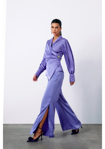 Broşlu Kruvaze Bluz - Lila