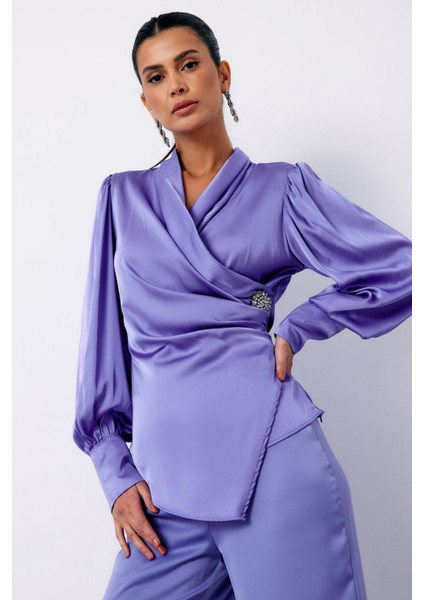 Broşlu Kruvaze Bluz - Lila modelleri