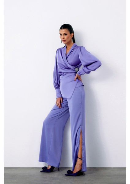 Broşlu Kruvaze Bluz - Lila fırsatları