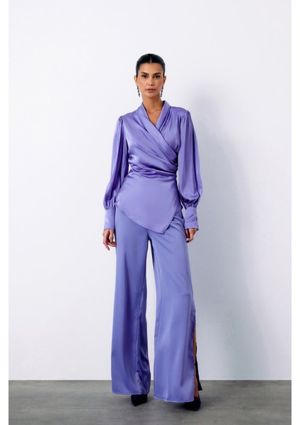 Broşlu Kruvaze Bluz - Lila indirimleri