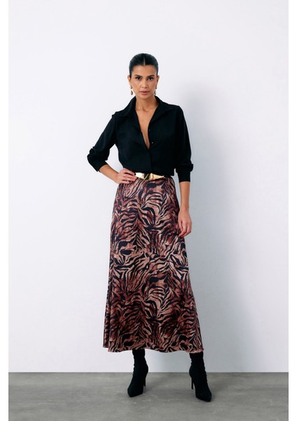 Zebra Desenli Saten Etek - Kahve