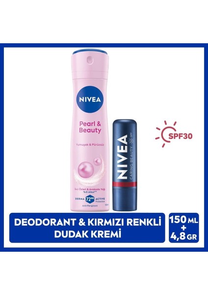 Kadın Sprey Deodorant Pearl & Beauty 150 ml ve Nemlendirici Kırmızı Renkli Dudak Bakım Kremi, SPF 30