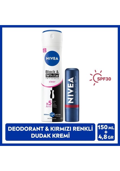 Kadın Sprey Deodorant Black&white Invisible Clear 150ML ve Kırmızı Renkli Dudak Bakım Kremi, SPF30