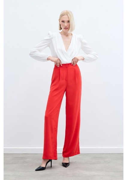 Pileli Krep Pantolon - Mercan