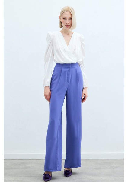 Pileli Krep Pantolon - Mor