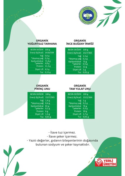 Yoğurtsuz Tarhana (Vegan) + İnce Buğday İrmiği + Pirinç Unu + Tam Yulaf Unu 4X250GR indirimleri