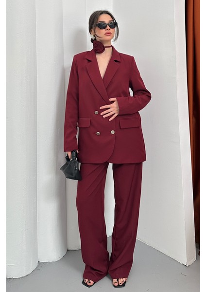Kadın Ikili Blazer Ceket Pantolon Takım Güllü Aksesuar ve Düğme Detaylı Bol Paça Takım fiyatları