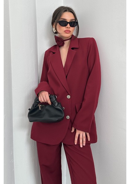 Kadın Ikili Blazer Ceket Pantolon Takım Güllü Aksesuar ve Düğme Detaylı Bol Paça Takım modelleri