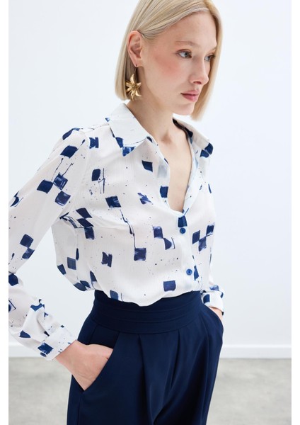 Desenli Klasik Gömlek - Lacivert