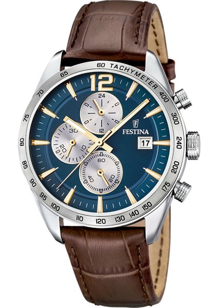 F16760/7 Timeless Chronograph Quartz Deri Kahverengi Mavi Kadran 44 mm Erkek Kol Saati