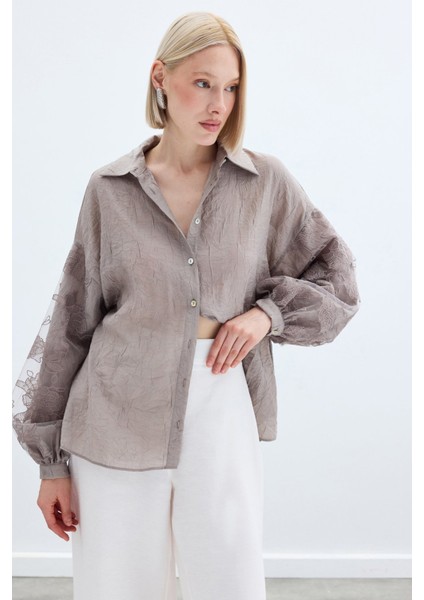 Nakış Detaylı Kraşlı Gömlek - Vizon fırsatları