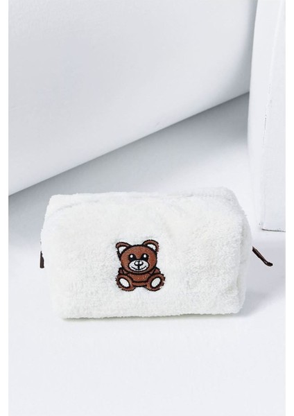 Peluş Ayıcık Nakışlı Şık Makyaj Çantası Beyaz modelleri