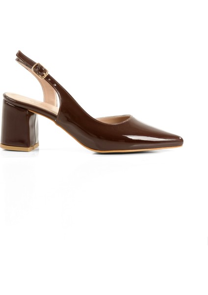 Verlik Acı Kahve Rugan Kısa Kalın Topuklu Stiletto Asimetrik Bantlı Kadın Ayakkabı fırsatları