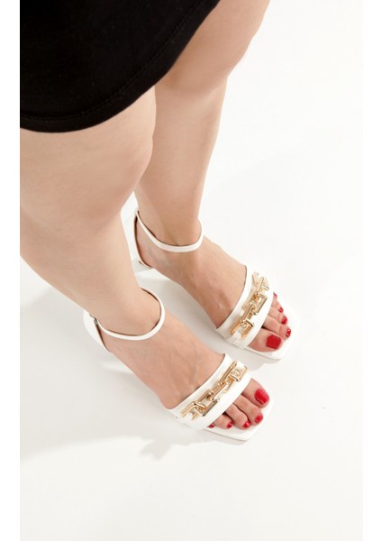 Lillianna Beyaz Dore Tokalı Topuklu Sandalet Tek Bant Kadın Ayakkabı indirimleri