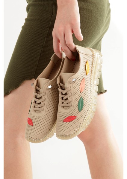 Aryan Krem Ten Rengi Hakiki Deri Yazlık Delikli Babet Anatomiye Uygun Spor Ayakkabı