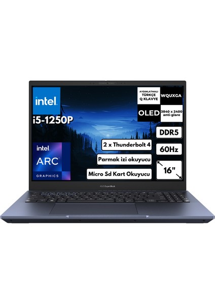 Expertbook B5 I5-1250P 24 GB 512 GB SSD Arc A350M 16" Wquxga Freedos Taşınabilir Bilgisayar B5602CBN-L20164AT12