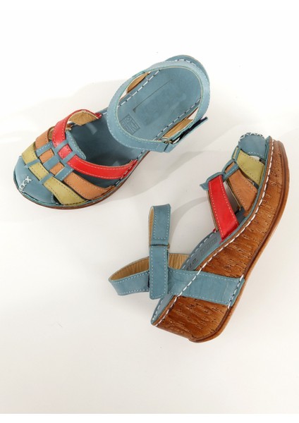 Soney Çok Renkli Mavi Hakiki Deri Sandalet Önü Kapalı Dolgu Topuklu Kadın Ayakkabı