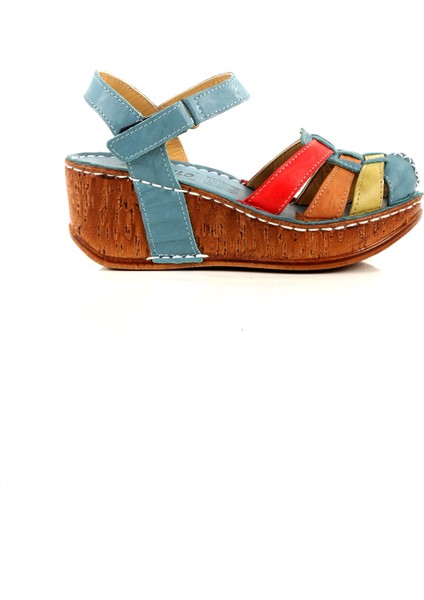 Soney Çok Renkli Mavi Hakiki Deri Sandalet Önü Kapalı Dolgu Topuklu Kadın Ayakkabı fiyatları