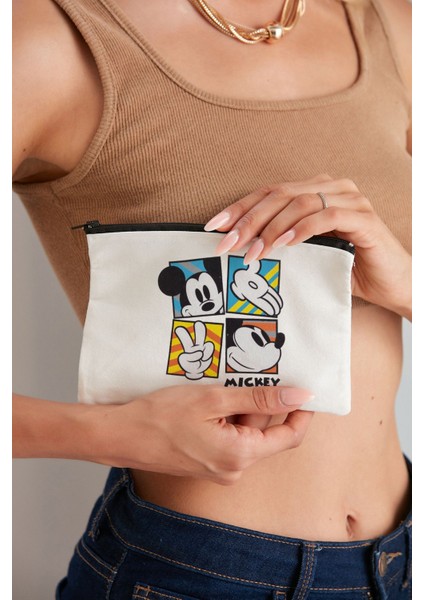 Sevimli Mickey Mouse Baskılı Kozmetik ve Kalemlik El Çantası, Şık ve Kullanışlı Hediye