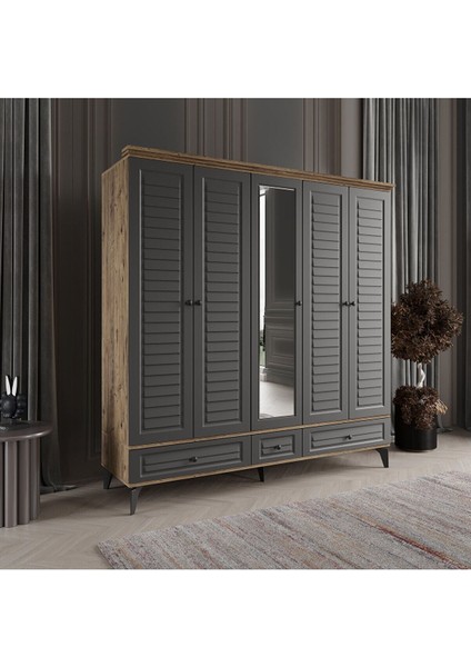 Sofya 5 Kapaklı Antrasit Gardırop Tamamı Mdf