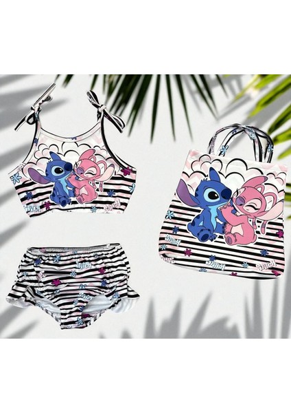 Kız Çocuk Karakter Baskılı Eteği Fırfırlı- Ip Bağlamalı Çanta Mayo Bikini 3 Lü Takım