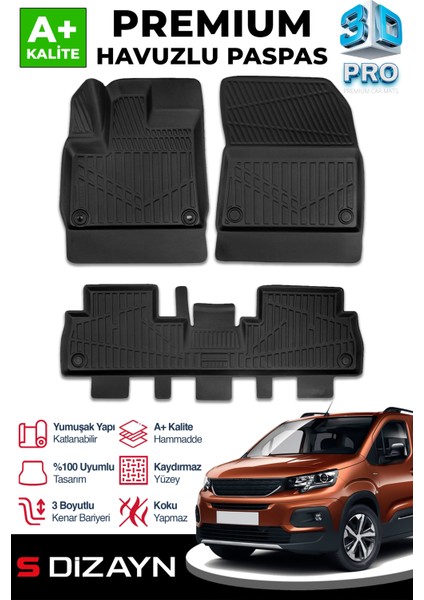 Peugeot Rifter 3D Pro Havuzlu Paspas 2019 Üzeri A+ Kalite