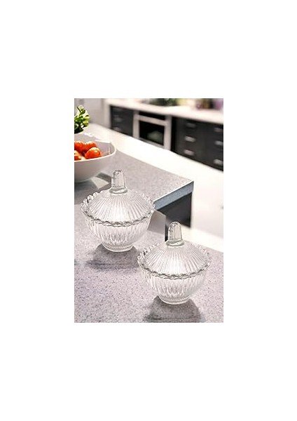 2 Adet Kristal Kapaklı Cam Şekerlik, Lokumluk Zarif ve Şık Sunumlar Için. Cam Şekerlik 2'li