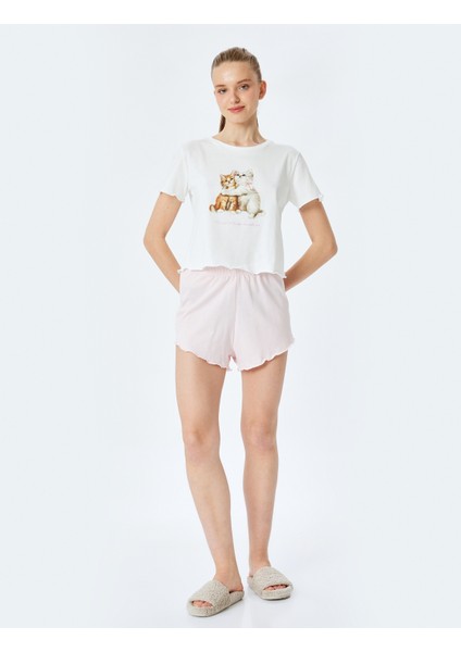 Yeni Sezon Kedi Baskılı Pamuklu Kadın Şortlu Pijama Takımı