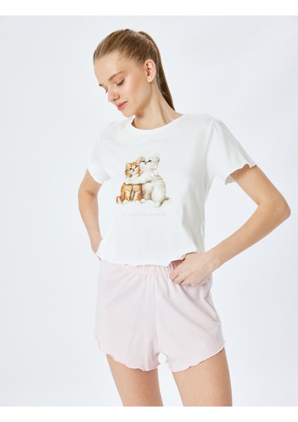 Yeni Sezon Kedi Baskılı Pamuklu Kadın Şortlu Pijama Takımı
