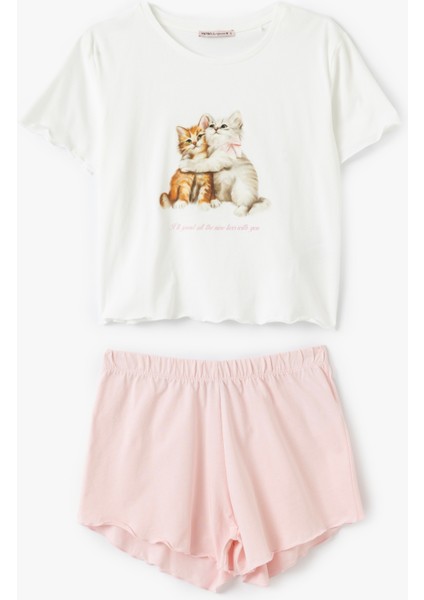 Yeni Sezon Kedi Baskılı Pamuklu Kadın Şortlu Pijama Takımı