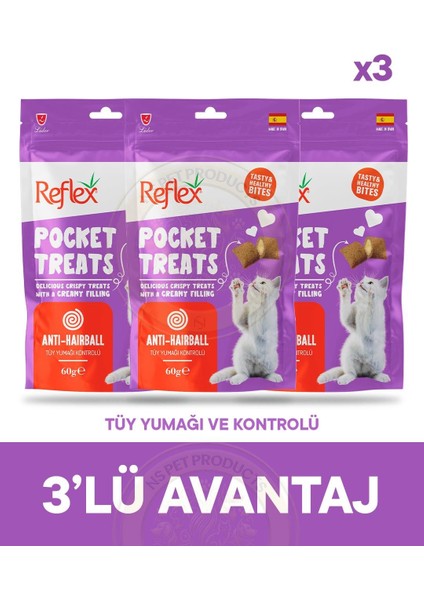 Pocket Treats Tüy Yumağı Kontrolü Için Kedi Ödül Maması 3lü Fırsat 3X60GR