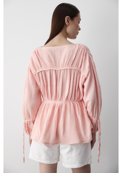 Pembe %100 Pamuk Kolu Lastikli Müslin Gömlek
