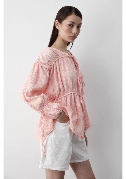 Pembe %100 Pamuk Kolu Lastikli Müslin Gömlek