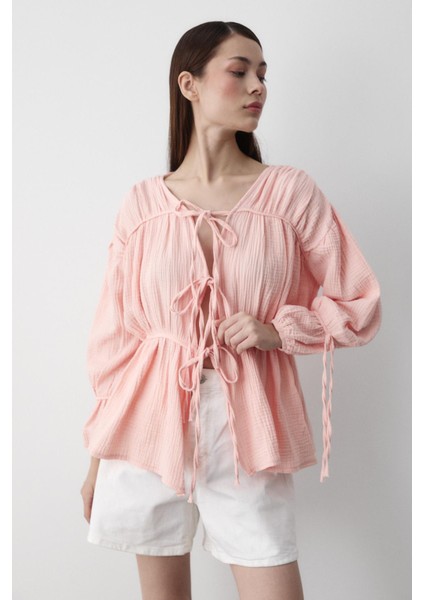 Pembe %100 Pamuk Kolu Lastikli Müslin Gömlek