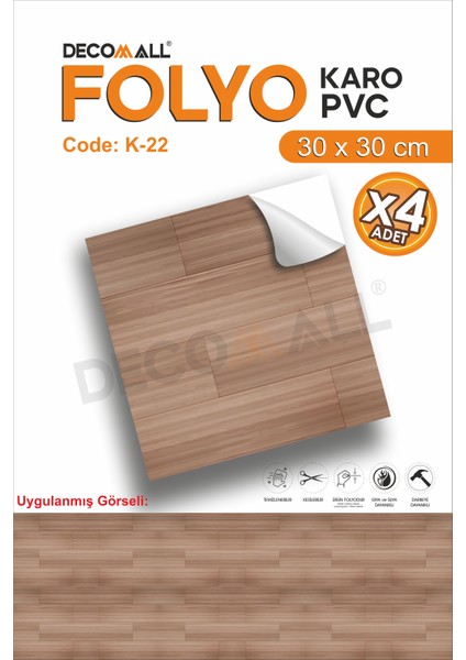 K-22 Kendinden Yapışkanlı Folyo Karo Suya Dayanıklı Mutfak Banyo Zemin Kaplama 30X30 Cm(4 Adet)