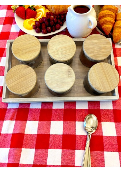 6 Adet 150 ml Borosilikat Cam Reçellik Bambu Kapaklı Tepsili Kahvaltılık -Bambu Kapaklı ve Tepsili Kahvaltilik - ( 70 x 50 Mm)